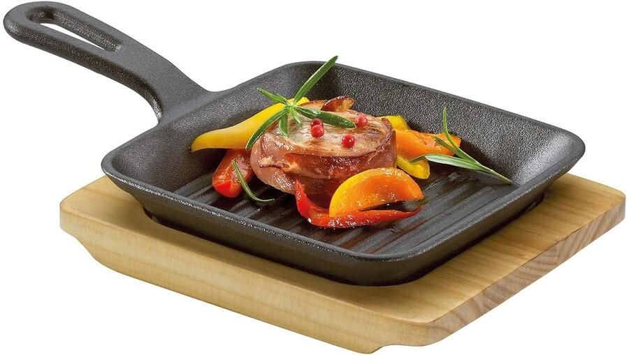 Grill en Serveerpan Gietijzeren Pan Koken en Grillen Met Houten Plank 23 x 13.5 cm Zwart