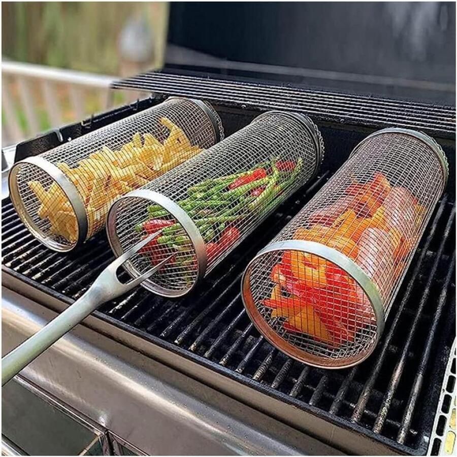 Grill Mand Barbecue Cilinder Groenten Grillen Roestvrij Staal 30 CM Zilver