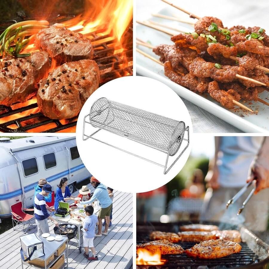 Grill Mand BBQ Hulpmiddel Gelijkmatig Grillen Roterend Trommelontwerp 37 cm Zilver