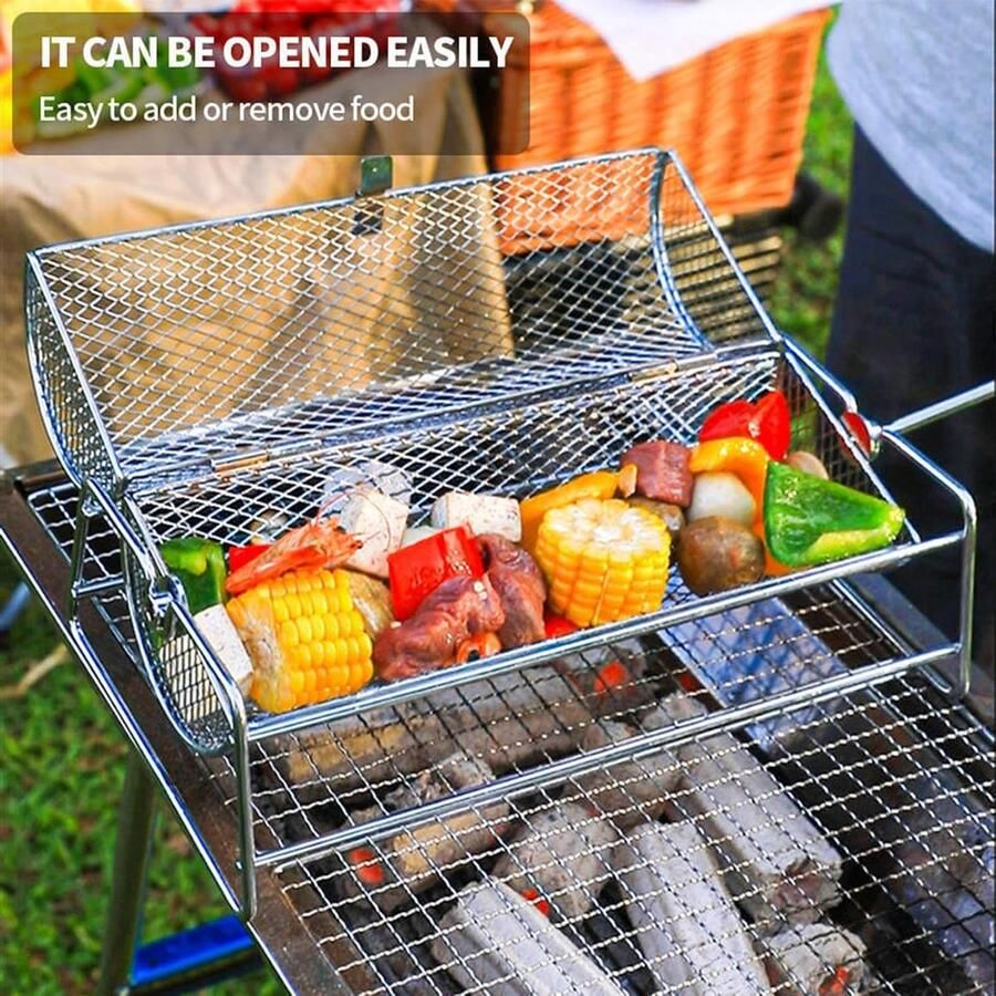Grill Mand BBQ Mand Buiten Grillen Roterend Trommel Ontwerp 371 x 20 x 149 cm Zilver
