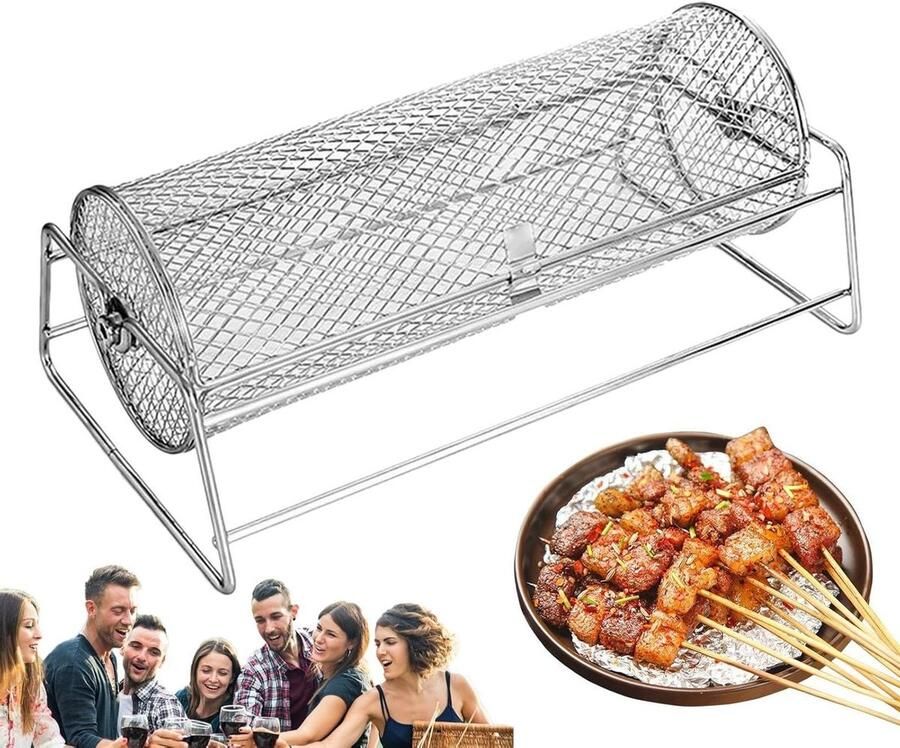 Grill Mand BBQ Mand Garnalen Gelijkmatig Grillen Rollend Ontwerp 35.5 x 19 x 14 cm Zilver