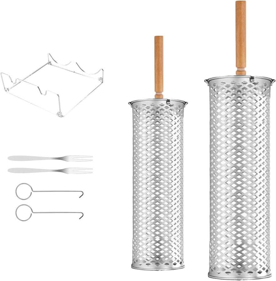 Grill Mand Rolmand BBQ Buiten Koken Houten Handvat 33 x 12 x 12 cm Zilver