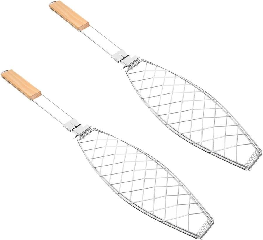 Grill Mand Set Vis Grill Pan Buiten Koken Opvouwbaar Ontwerp 2 Stuks Zilverkleurig