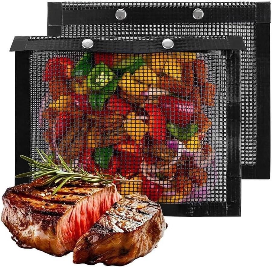 Grill Mesh Tassen BBQ Netten Buiten Koken Herbruikbaar Non-stick 2 Stuks Zwart