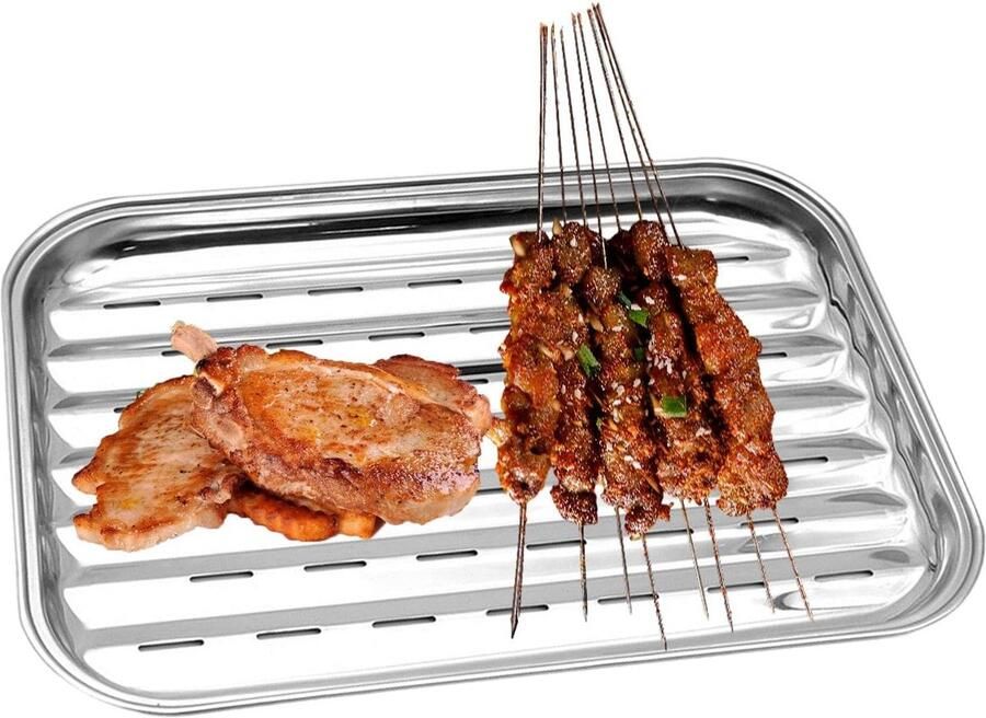 Grill Pan Groentepan Roestvrij Staal Buiten Koken Grote Geperforeerde Gaten 34.9 x 24.8 cm Zilverkleurig