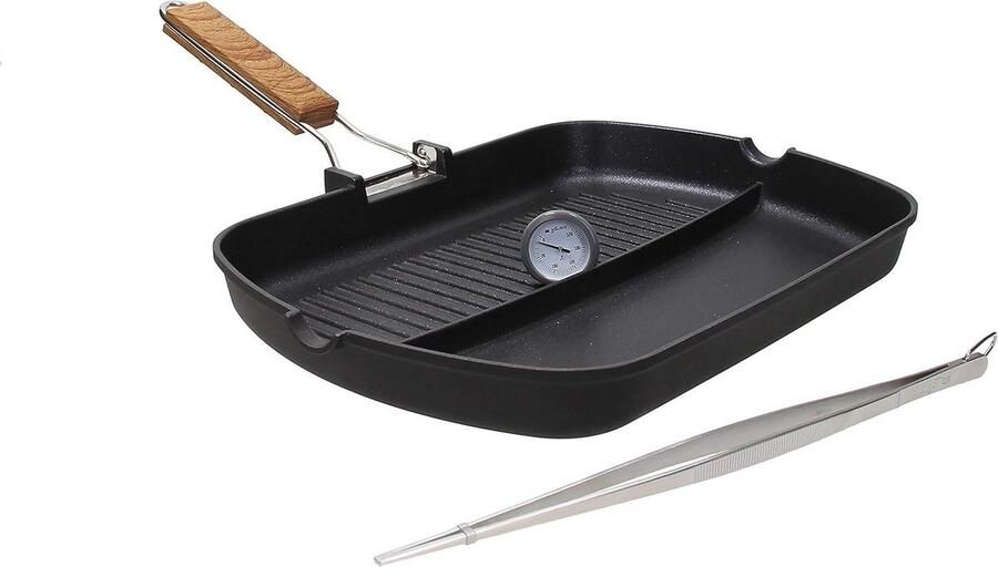 Grill Pan Koekenpan Grill Vlees Grillen Inclusief Thermometer 37.8 cm Zwart