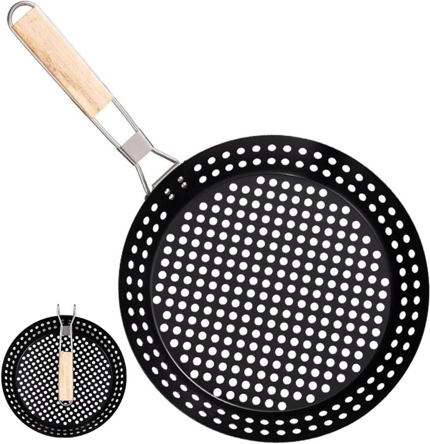 Grill Pan Koekenpan Ronde Plaat Buiten Koken Inklapbaar Houten Handvat 31 x 31 cm Zwart