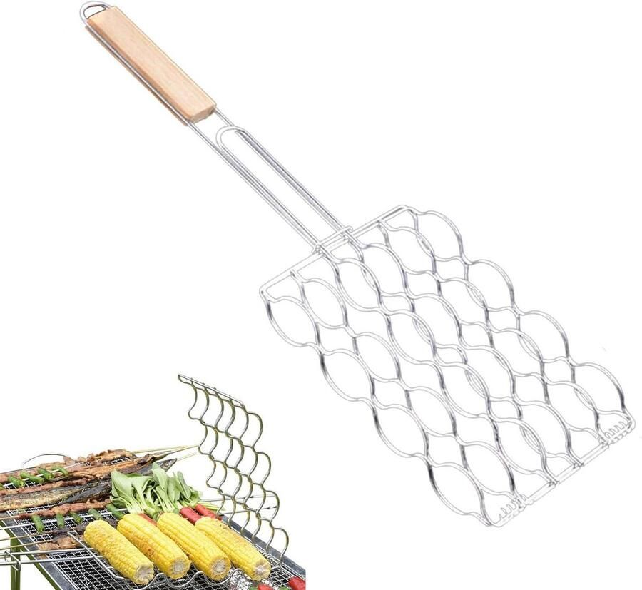 Grill Rek BBQ Hulpmiddel Groenten Grillen Houtgreep 2 Stuks Zilver