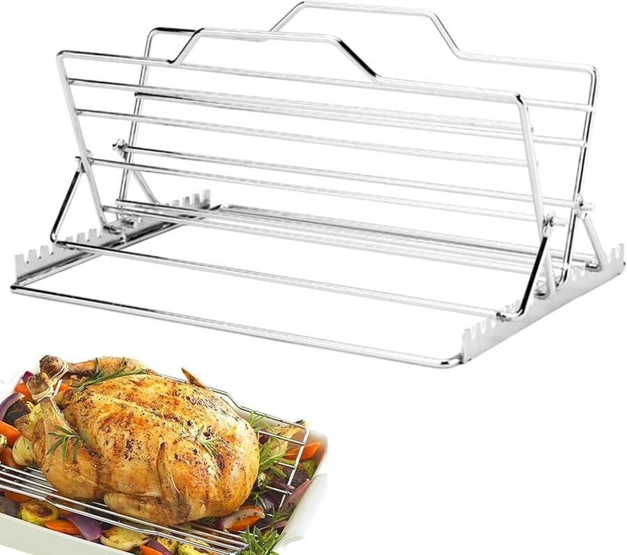 Grill Rek Vleeshouder Gevogelte Roosteren Unieke V Vorm 28 x 27 x 2 cm Zilverkleurig