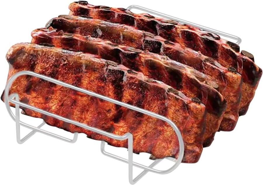 Grill Ribrek Barbecue Rek Vlees Grillen Vaatwasserbestendig 8 x 27 x 8 cm Zilver