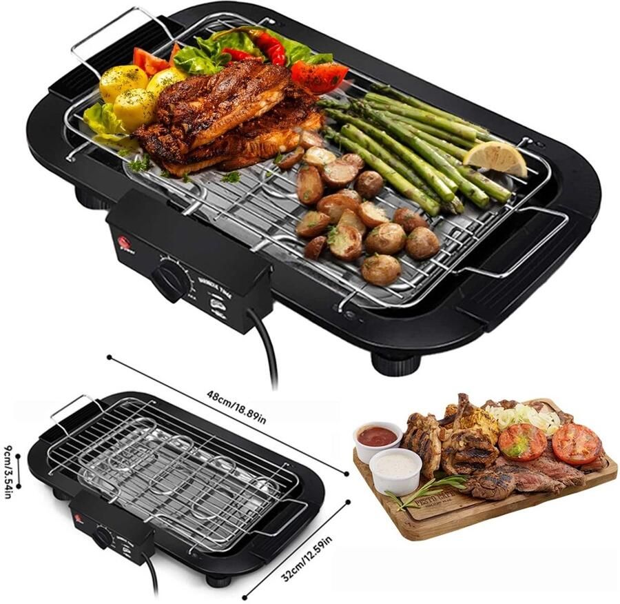 Grill Tafelgrill Elektrische Tafelgrill – Grillplaat – Elektrische Grillplaat BBQ Grill – Binnen Buiten Gebruik – Rookloos – Instelbare Temperatuur – Anti-aanbaklaag – Snel Verwarmend – Lichtgewicht – 6 Warmtestanden – Zwart – Met Vet waterbak