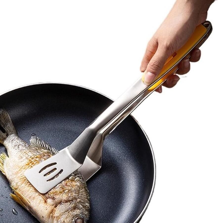 Roestvrijstalen grilltang Keukentang spatel Eten draaien serveren 2-in-1 ontwerp 32.5 cm lang Zilverkleurig