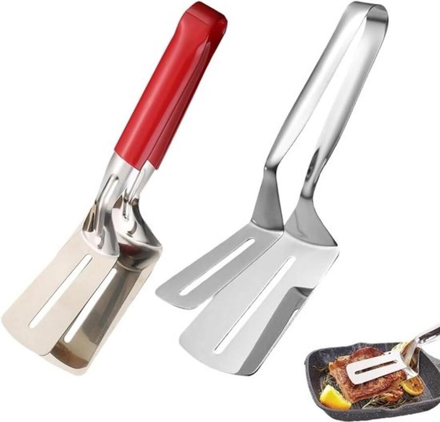 Grilltang met Spatel Keukentang Vlees Maaltijden Bereiden Antiaanbaklaag Lange Handgreep Zilverkleurig
