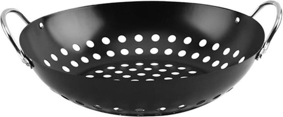 Grill Wok Barbecue Pan Buiten Koken Dubbele Handgrepen 31 cm Zwart