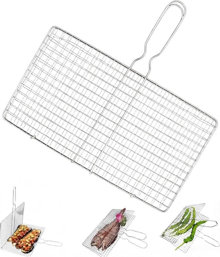 Grillmand RVS Visgrillmand BBQ Buiten koken Antiaanbakgaas 39x21x14cm Zilver