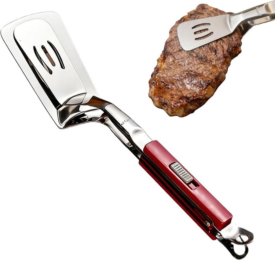 Grillklem Spatel Voedsel Flipper Gripper Koken en Grillen Roestvrij Staal 29 cm Rood