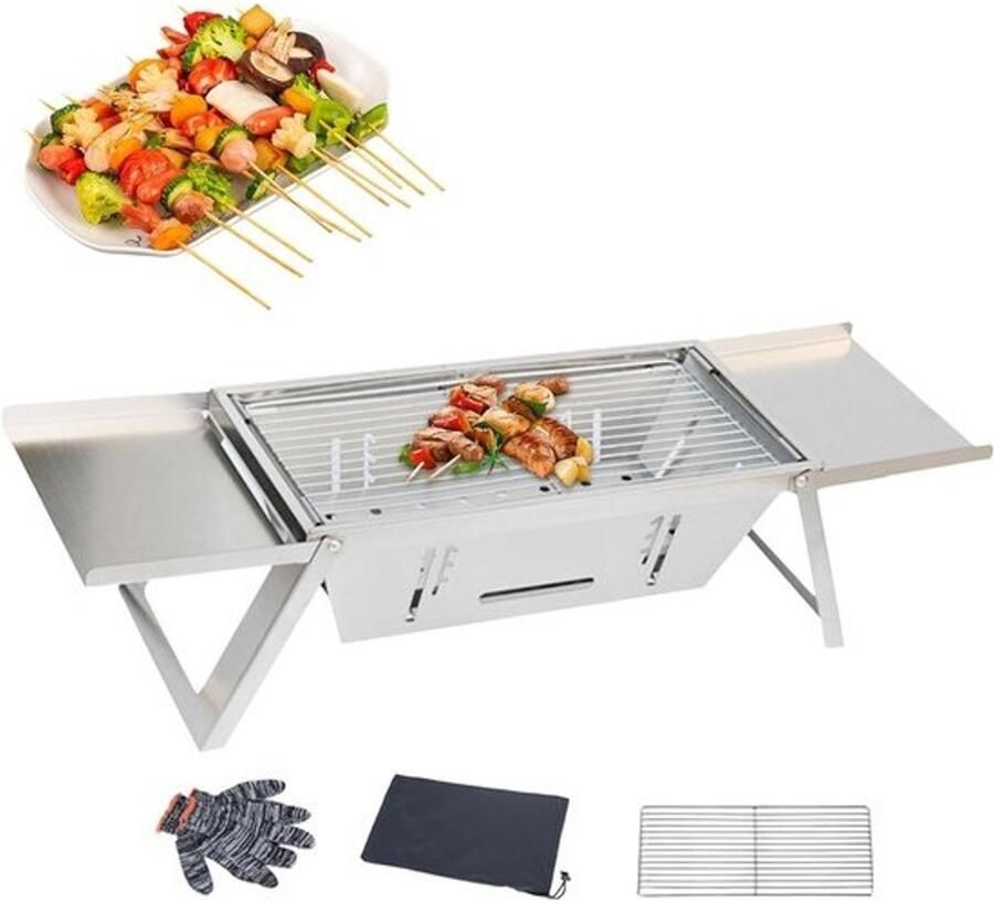Grillkoker Opvouwbaar Houtskoolgrill Picknick Buiten Koken Verstelbare Hoogte 35 x 230 x 35 mm Zilver