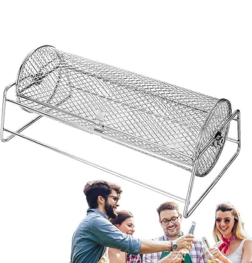Grillmand Barbecue mand Groentemand Gelijkmatig Grillen Rolmechanisme 355 x 19 x 14 cm Zilver