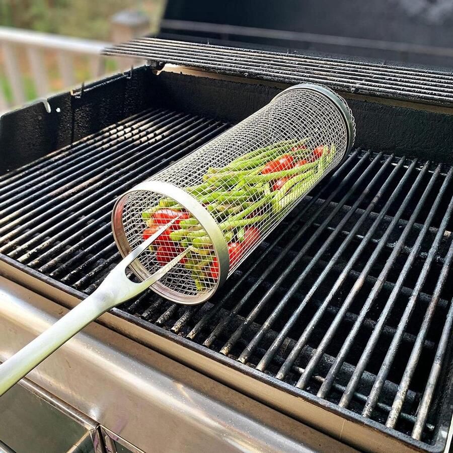 Grillmand Barbecue mand Groenten en vis Innovatief roldesign 9 cm diameter Zilver