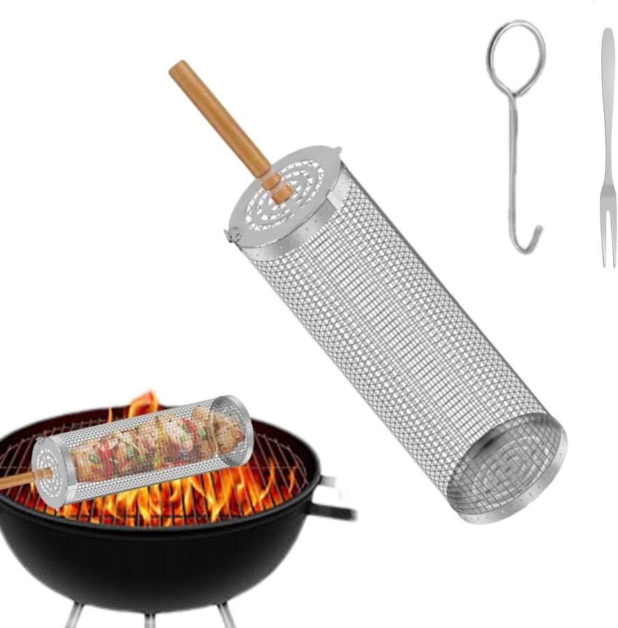 Grillmand BBQ mand Buiten koken Afneembare houten handgreep 21 x 9 x 9 cm Zilver