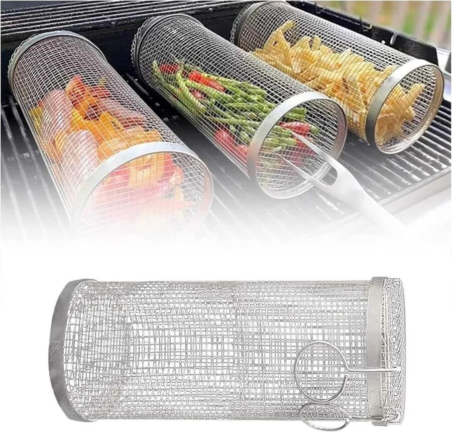 Grillmand BBQ Mand Cilinder Groenten Grillen Roestvrij Staal 30 cm Zilver