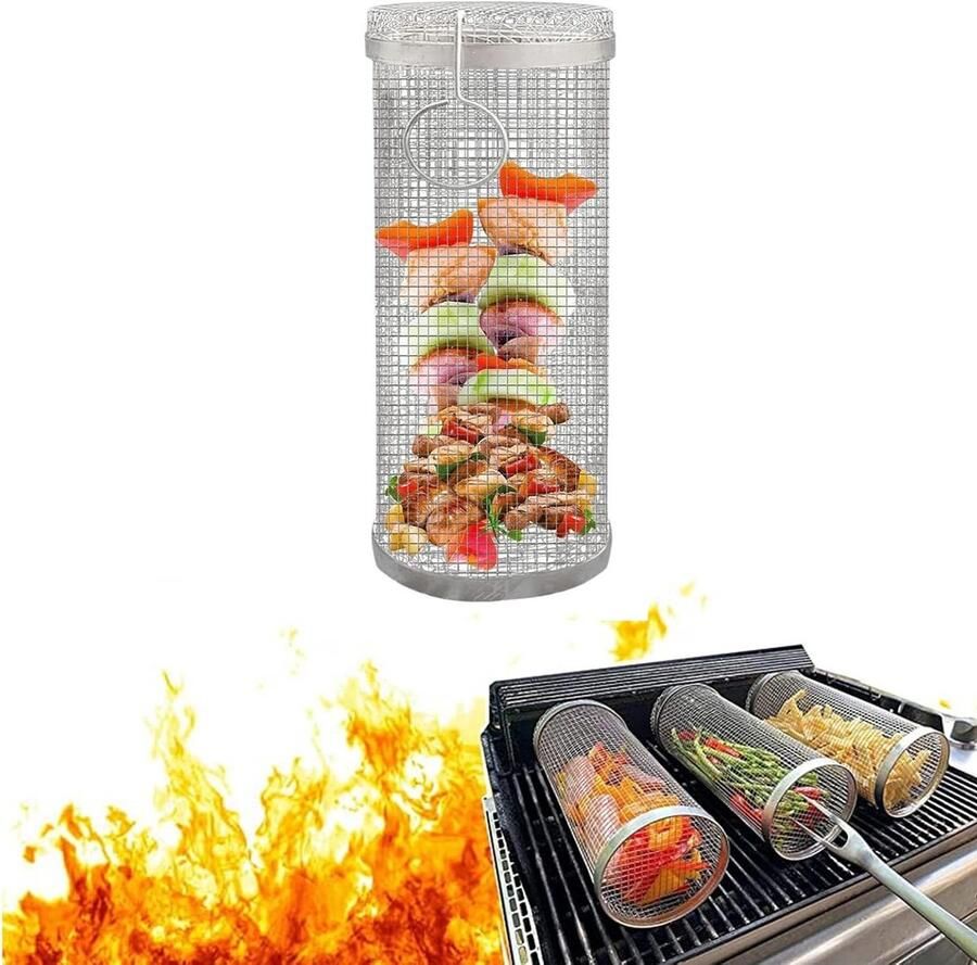 Grillmand Cilinder BBQ Mand Buiten Koken Roestvrij Staal Groot Zilver