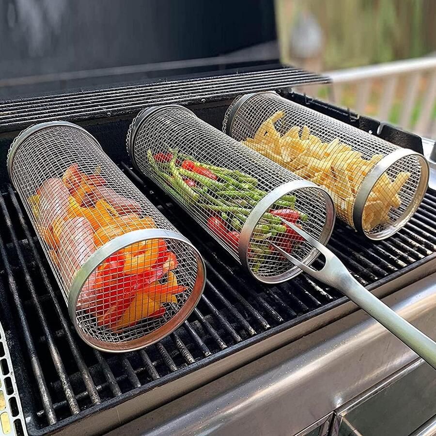 Grillmand Cilinder BBQ Mand Gelijkmatig Grillen Veiligheidsslot 20 cm Lengte Zilver