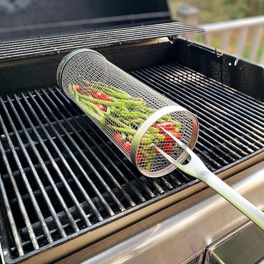 Grillmand Cilinder BBQ Mand Rond Groenten Grillen Vaatwasserbestendig 30 x 9 x 9 cm