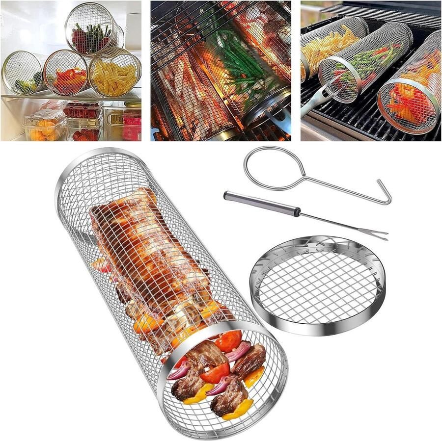 Grillmand Cilinder BBQ Net Barbecue Groenten Gelijkmatige Warmte Klein formaat Zilver