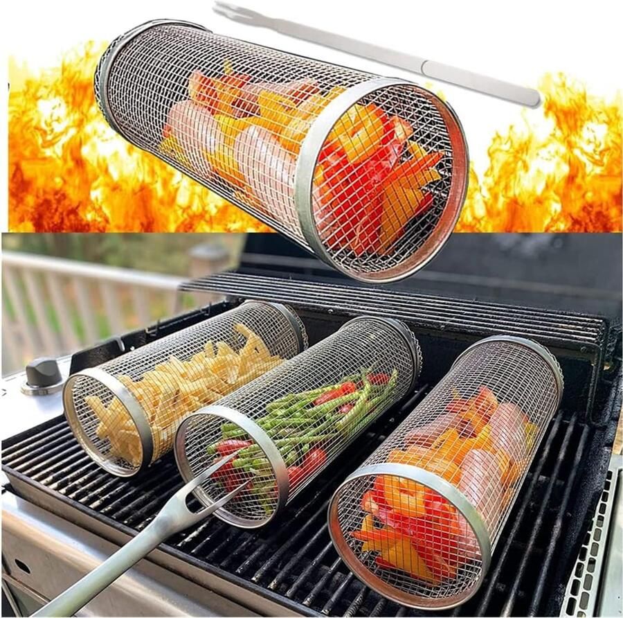 Grillmand Cilinder BBQ Rol Groenten Vis Vlees Inclusief Grillvork 20 cm Diameter