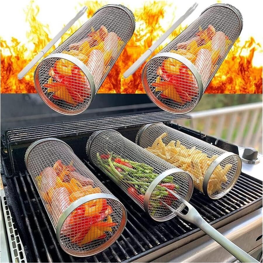 Grillmand Cilinder BBQ Rolmand Groenten Grillen Roterend Design 20 cm Zilver