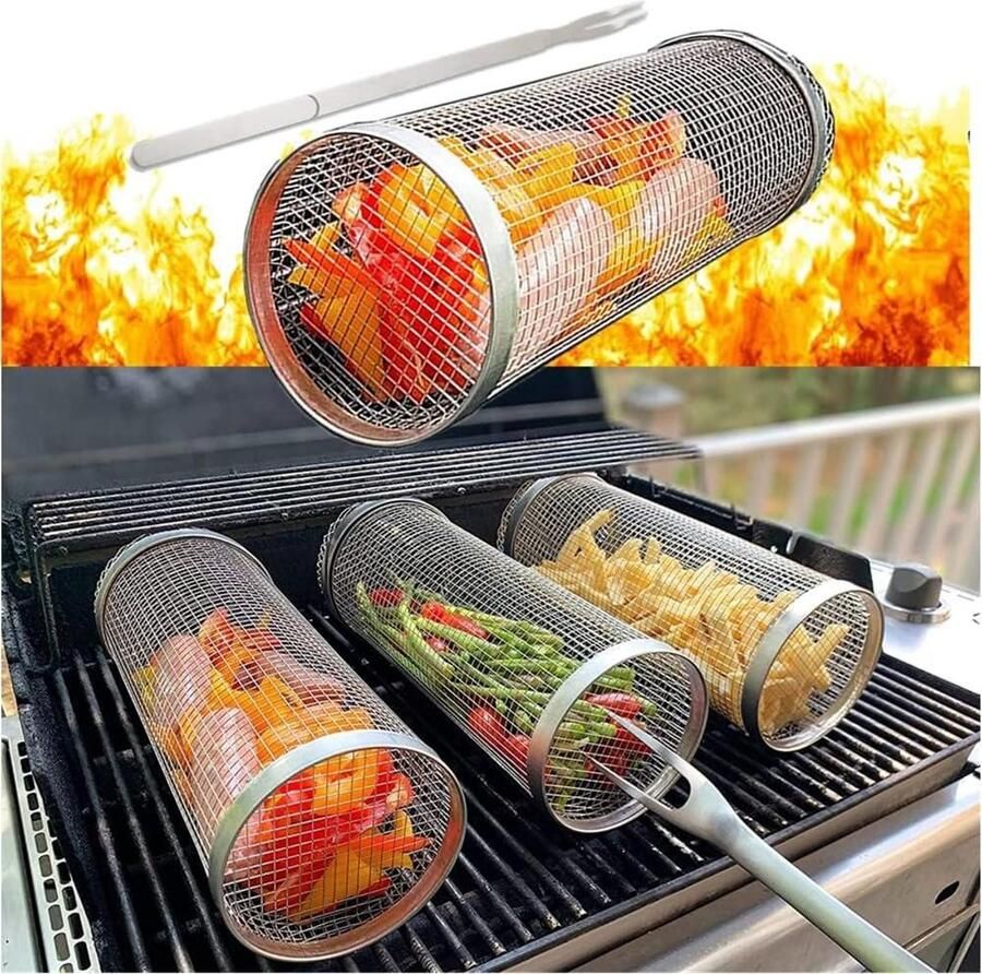 Grillmand Cilinder Draaiende Mand Barbecue Gerechten Nieuw Draaiend Ontwerp 30 cm Lengte Zilver