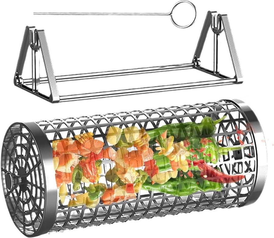 Grillmand Cilinder Roestvrij Staal Buiten Koken Rolbaar Ontwerp 23x11x10 cm Zilver