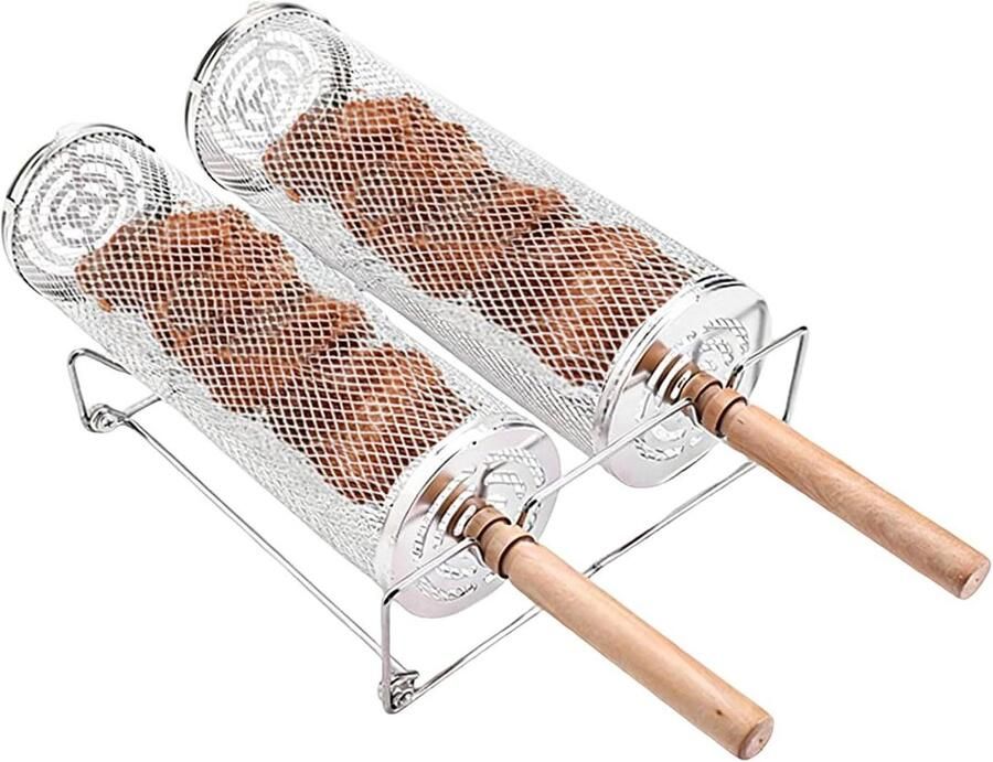 Grillmand Cilinder Roestvrijstaal Mandje Gelijk Grillen Afneembaar Houten Handvat 625 g Zilver