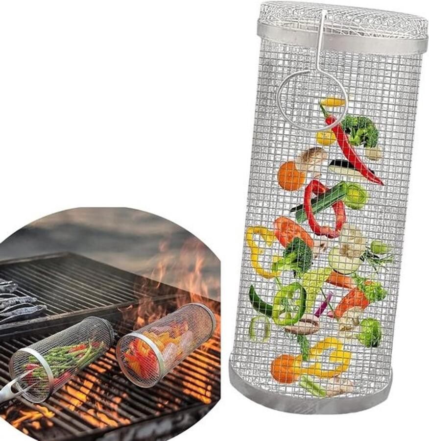Grillmand Cilinder Rolmand BBQ Groenten Grillen Roestvrij Staal 30 cm Zilver