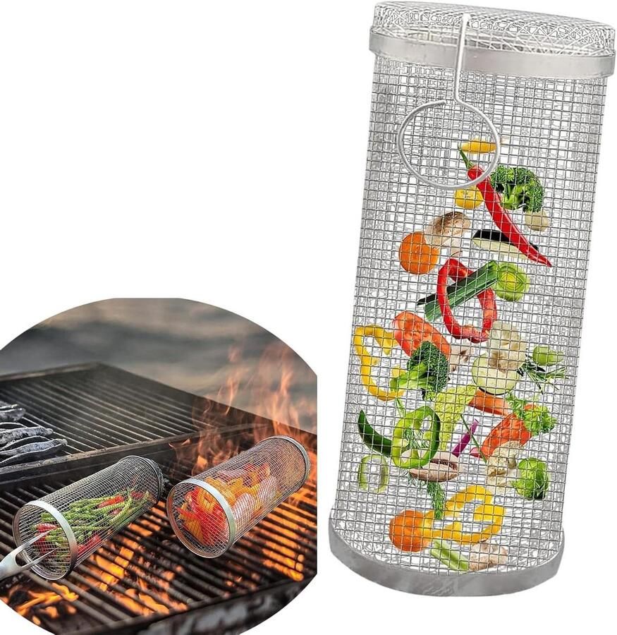Grillmand Cilinder Rolmand BBQ Groenten Grillen Roestvrij Staal 30 cm Zilver