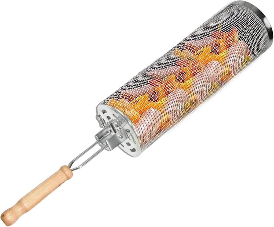 Grillmand Cilinder Rolmand BBQ Groenten Grillen Roestvrij Staal Groot Zilver