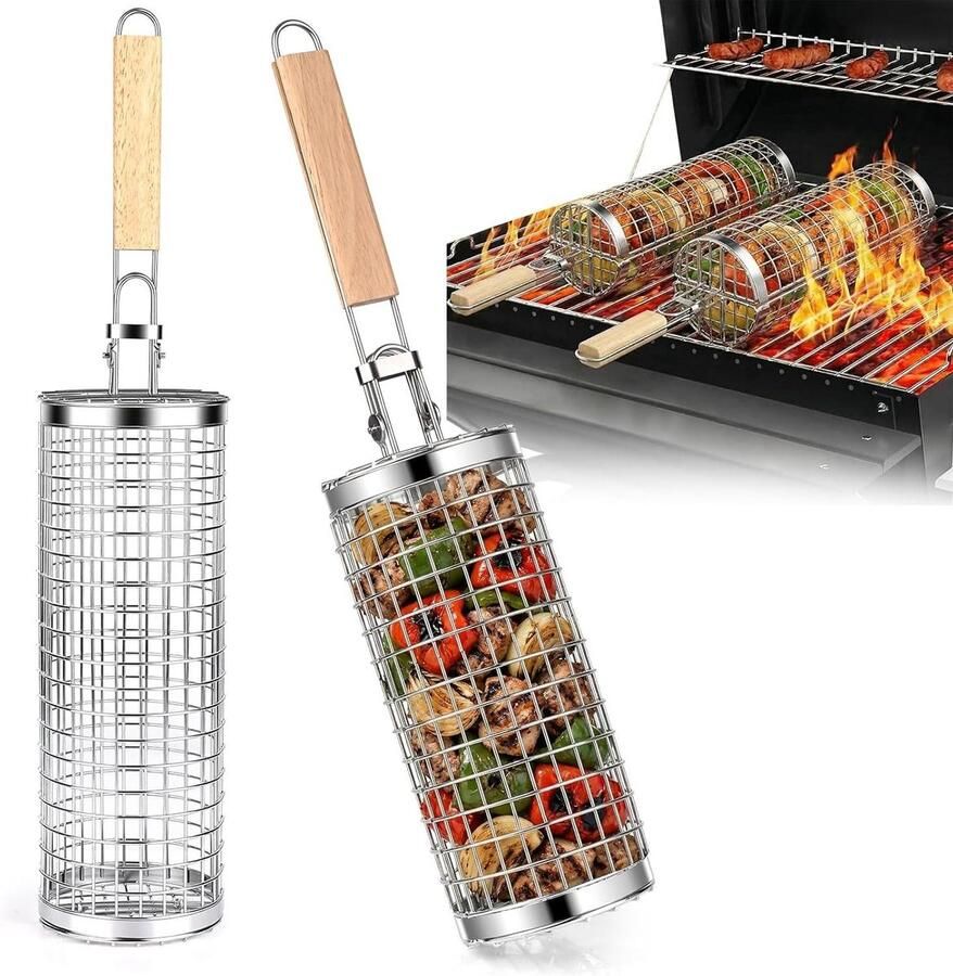 Grillmand Grillaccessoire Groenten Grillen Rollt tijdens het grillen 1 stuk Zilverkleurig