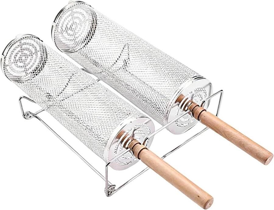 Grillmand Groentemand Barbecue Buiten Koken Draaibaar Met Houten Handvat Niet Gespecificeerd Zilver