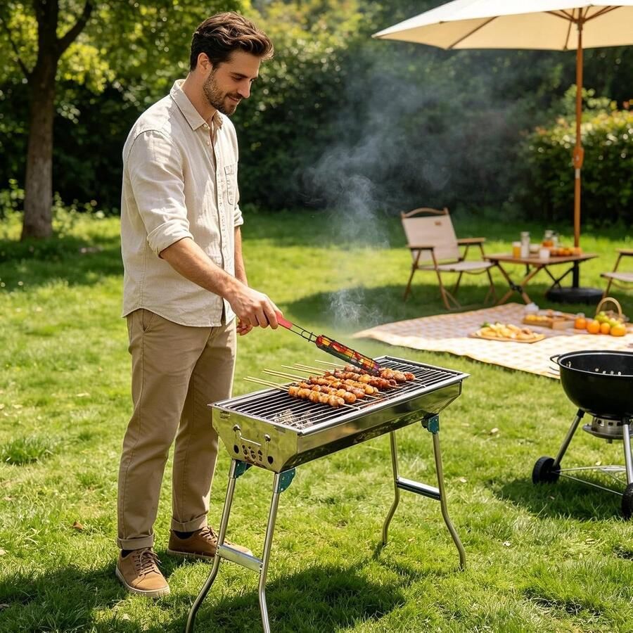Grillmand Groenten BBQ Mand Gelijkmatig Grillen Hittebestendige Handgreep 49 x 9 cm Zilver
