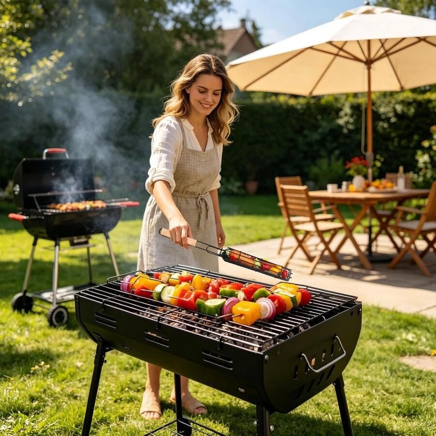 Grillmand Groenten BBQ Roosterhouder Buiten Koken Hittebestendige Handgreep 49 x 9 cm Zilver
