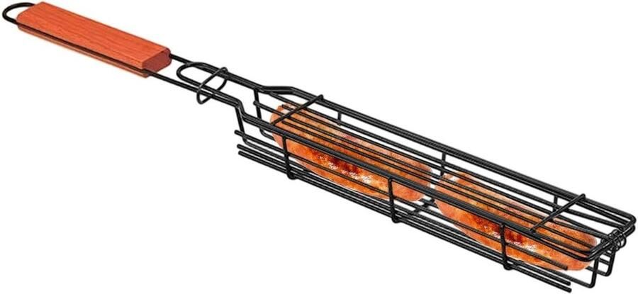 Grillmand Houder Rooster Klem Vlees Roosteren Dubbel Net Klemmechanisme 40.79 x 10.39 x 6.3 cm Zilver