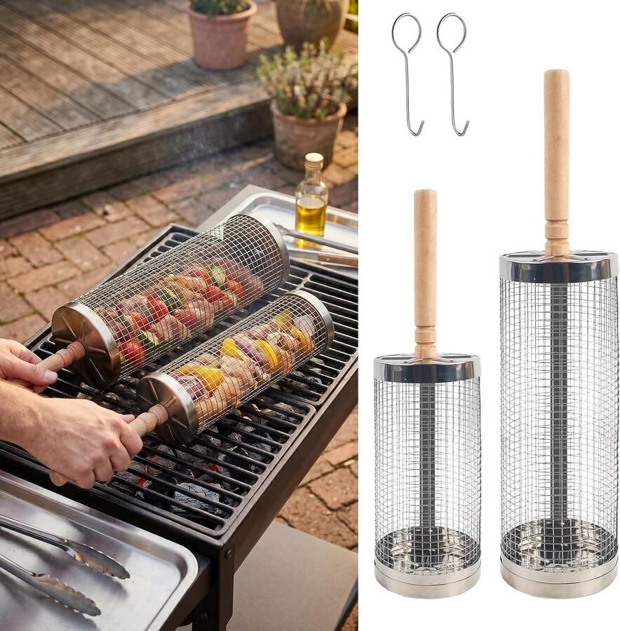 Grillmand Kort Handvat Barbecue Mand Buiten Koken Vaatwasserbestendig 32 cm Zilver