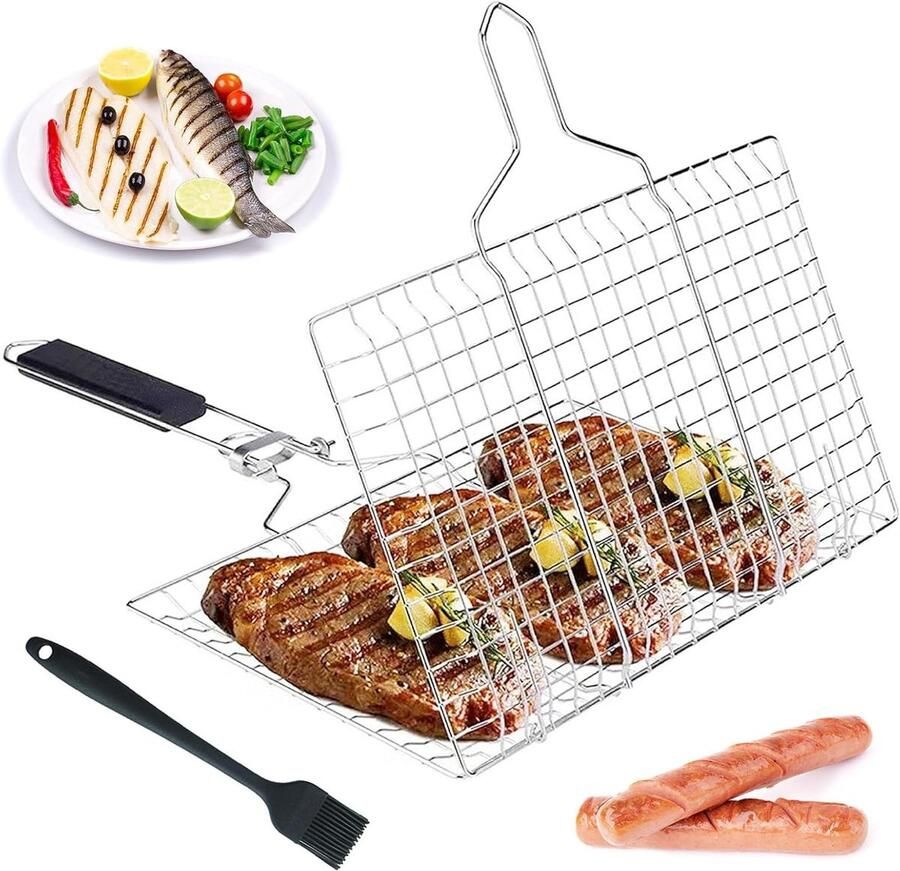 Grillmand met Borstel Visbrader Opvouwbaar Buiten Grillen Afsluitbaar Ontwerp 32 x 22 cm Zilver