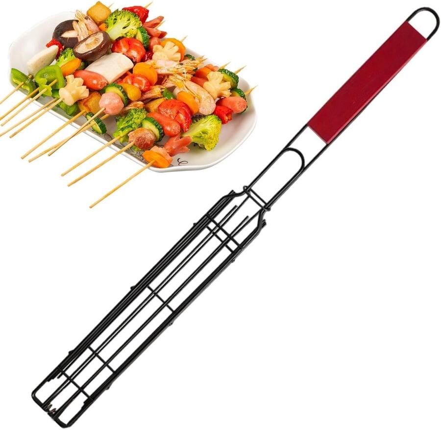 Grillmand met handgreep Worstenrek BBQ Buiten Koken Antikantel grillrooster 49 x 9 x 1 cm Zilver