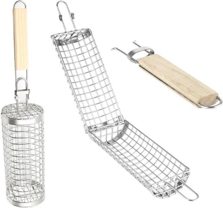Grillmand met Wieltjes Barbecue Groentemand Gelijkmatig Grillen Nestelbaar Cilinderontwerp 2 Stuks Zilver