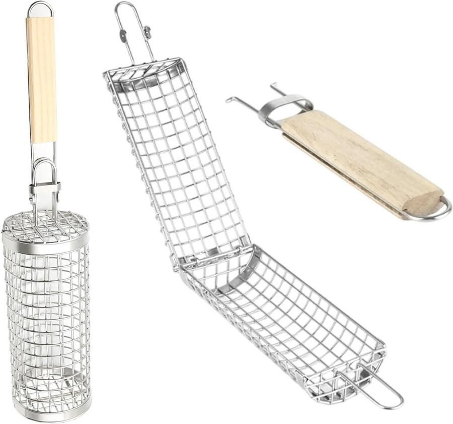 Grillmand met Wieltjes Barbecue Groentemand Gelijkmatig Grillen Nestelbaar Cilinderontwerp 2 Stuks Zilver