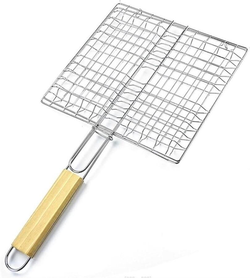 Grillmand Metaal Groentemand Barbecue Gerechten Grillen Houten Handvat 23 x 21 cm Zilver