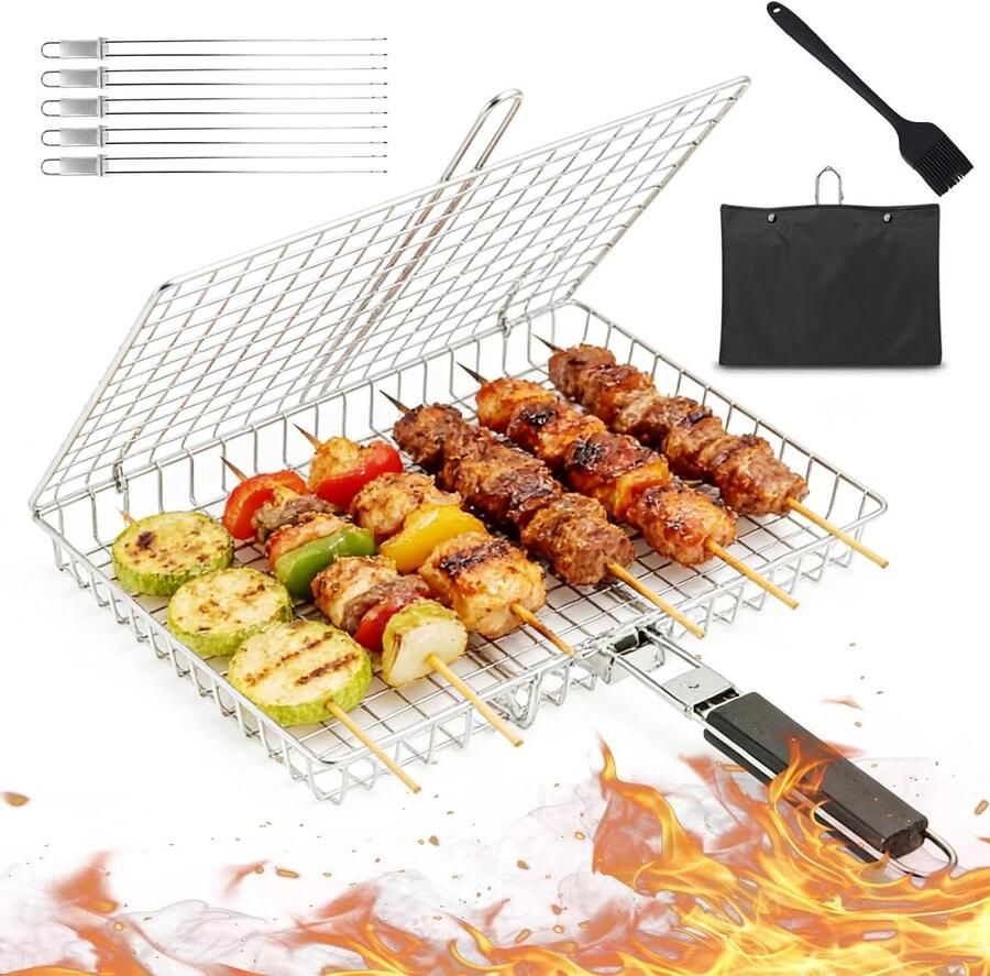 Grillmand Opvouwbaar Visbrader Rooster Buiten Koken Roestvrij Staal 32 x 24 x 5 cm Zilver