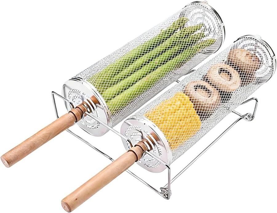Grillmand Roestvrij Staal Draaibare Groentemand Gelijkmatig Grillen Afneembaar Houten Handvat 33 x 13 x 13 cm